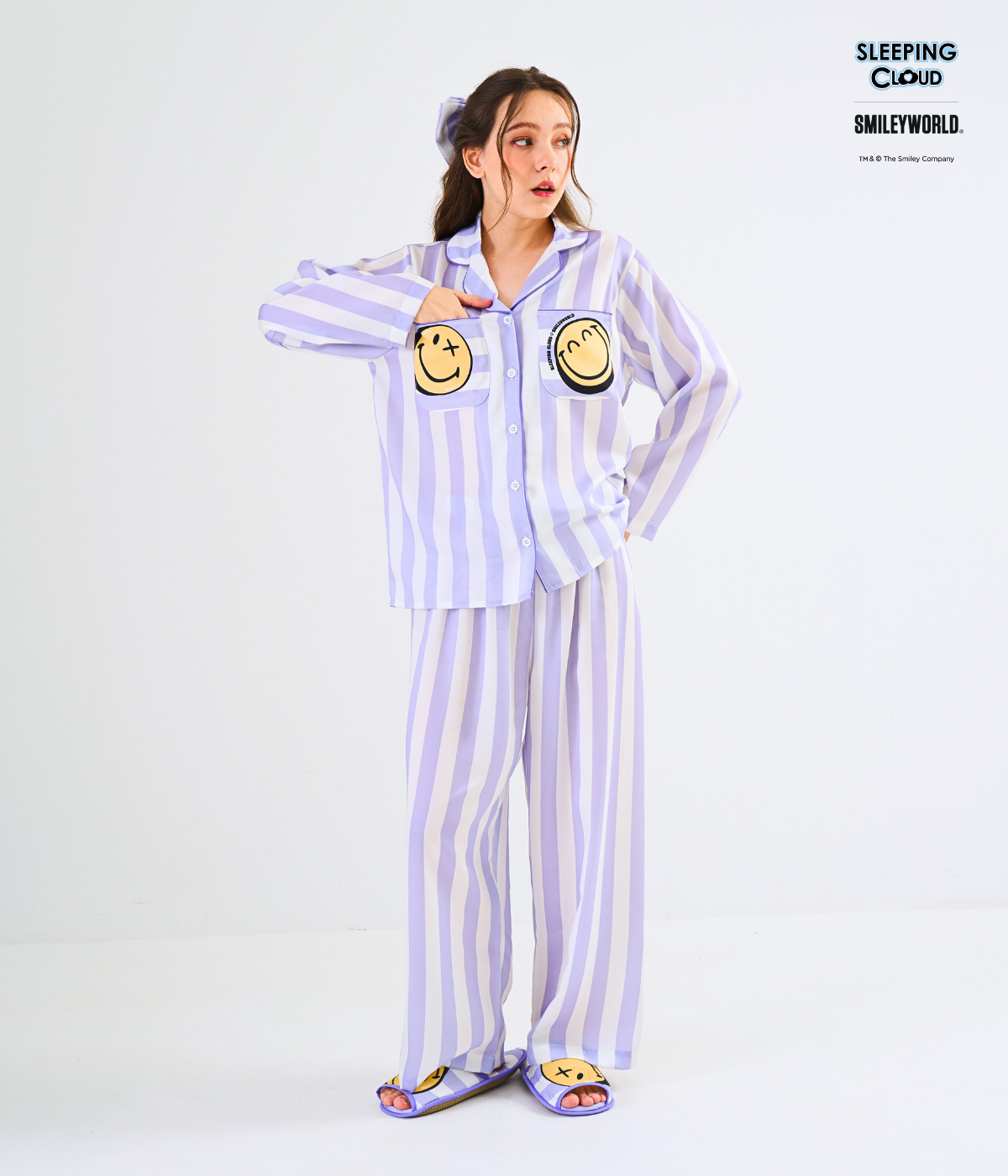 Sleeping Cloud lilac striped pajama set with smiley pocket details